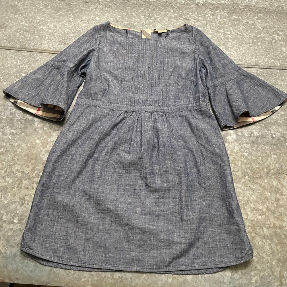 Burberry Michelle Denim Chambray Bell Sleeve Dress US 10 UK 12 IT 44 Pleated